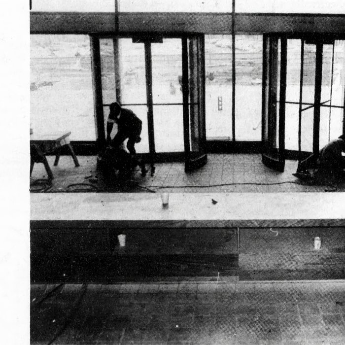 Montclarion photo April 13, 1972 showing construction of Student Center front doors