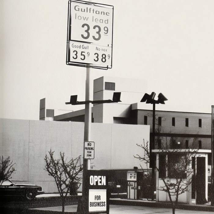 Student Center Gulf Gas Station, 1973 with 33 cent gas