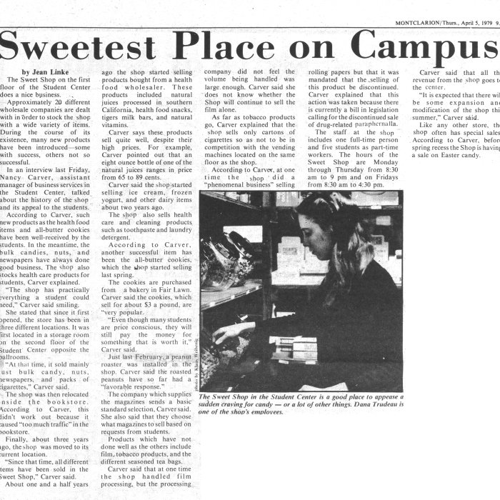 The Montclarion April 5, 1979 article about Student Center Sweet Shop