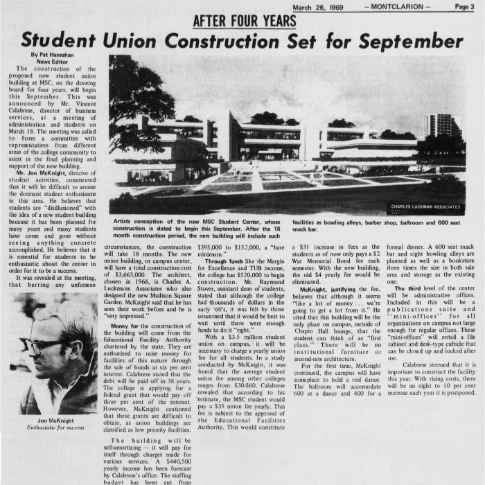 The Montclarion March 26 1969 article 'Student Union Construction Set for September'