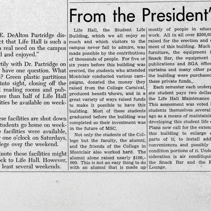 The Montclarion from November 8 1960 with letter from President Partridge about value of Life Hall