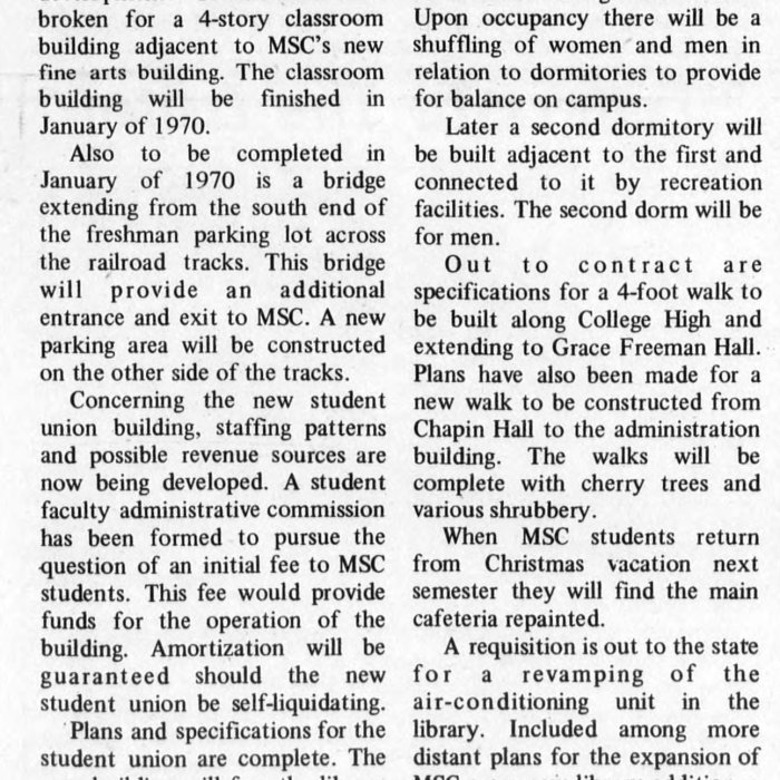 Articla from The Montclarion September 27 1968 about construction of new exit and student union