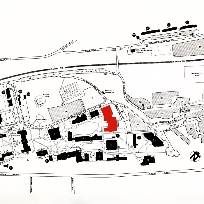 Campus map from 1982 with newly completed Student Center highlighted