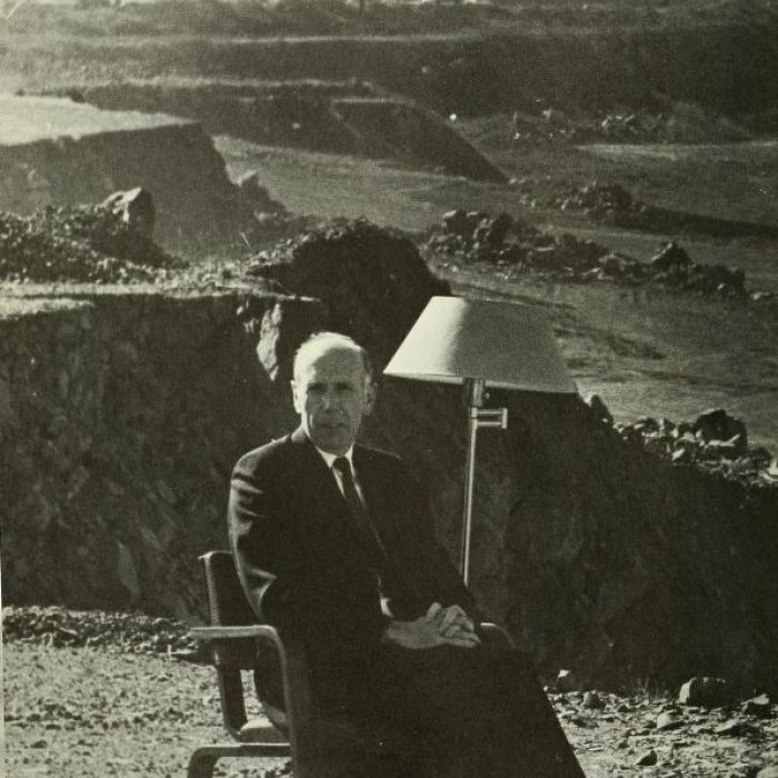 1970 College President Richardson seated near Student Center construction site