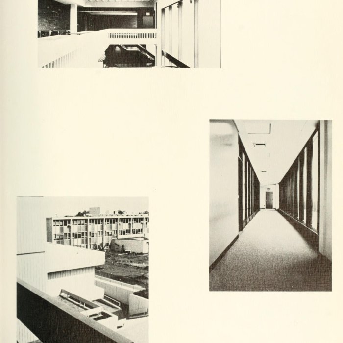 La Campana Yearbook page from 1972 with 3 photos of new student union building interiors