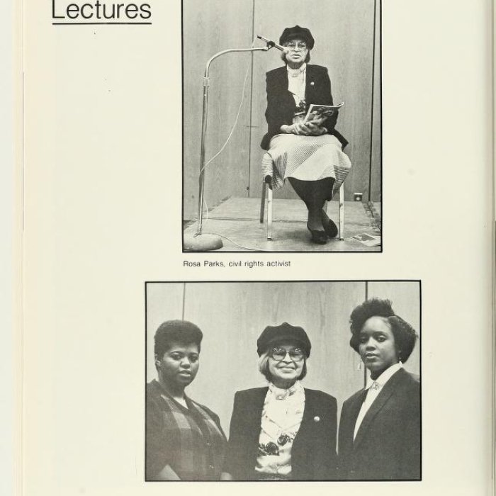 Yearbook page featuring Rosa Parks giving speech, 1986