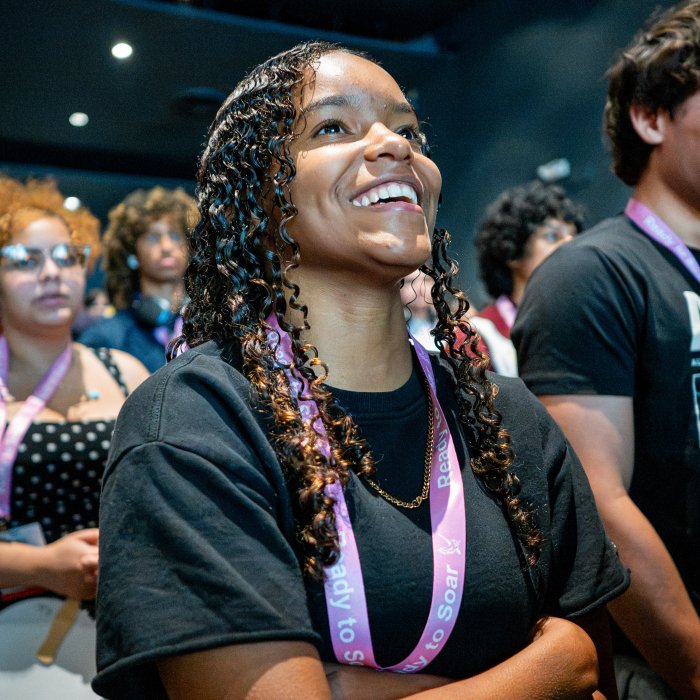 Student smiling at orientation