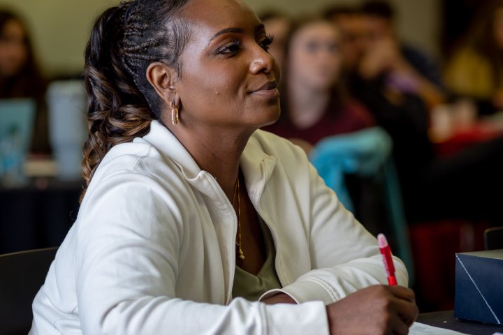 Student looks at speaker