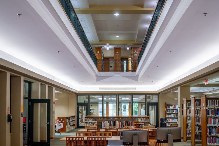 Tables and chairs in library