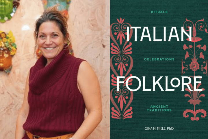 photo of Gina Meile, graphic element with cover of book Italian Folklore shown on right