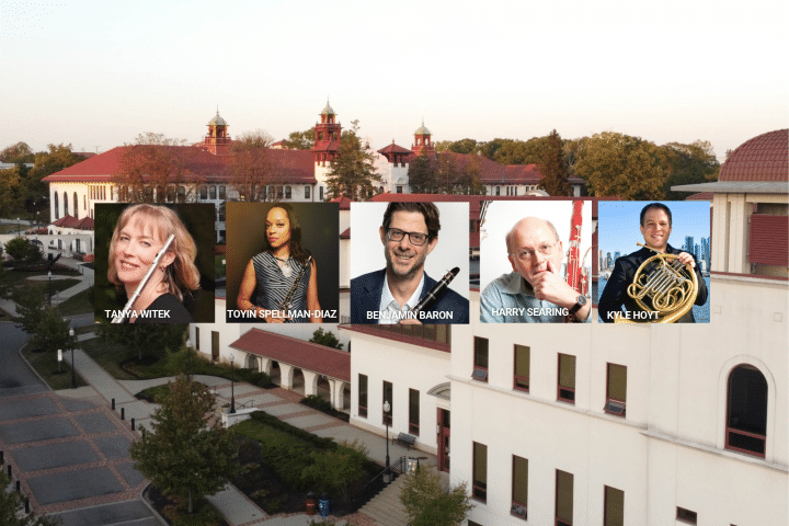 Faculty Montclair Woodwind Quintet headshots and campus buildings