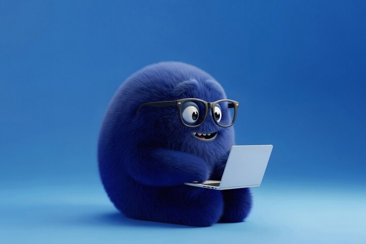 Small cute and purple creature using a laptop