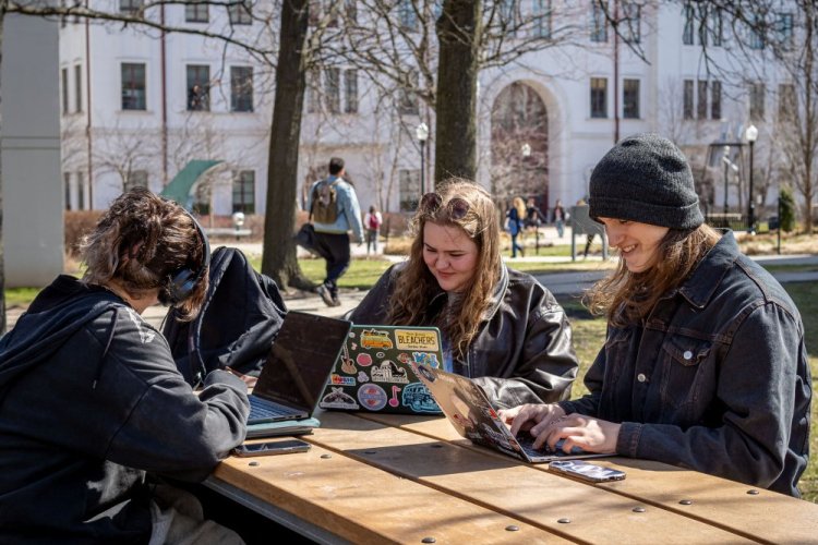 Students sitting outdoors on campus working on their laptops.