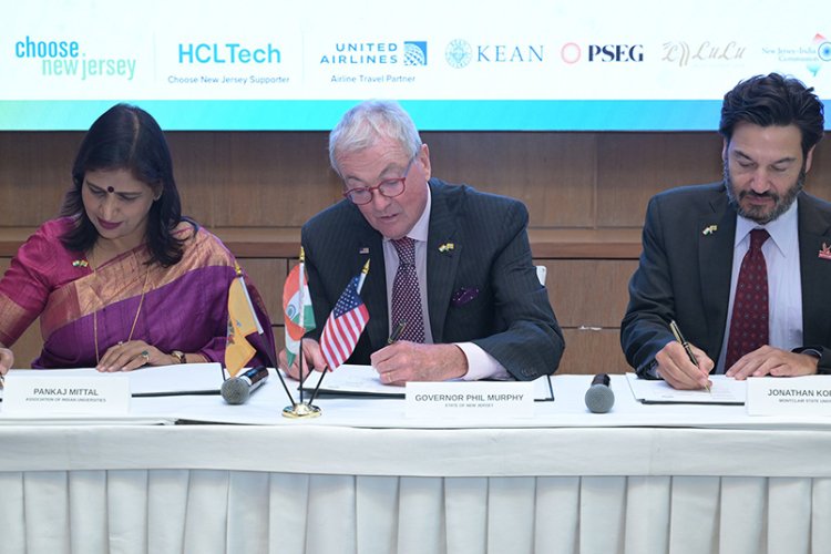 (L-R) Pankaj Mittal, New Jersey Governor Phil Murphy, Montclair State University President Jonathan Koppell signing documents