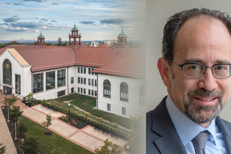 Split image of the School of Communication building on the left and Marc Austin on the right.