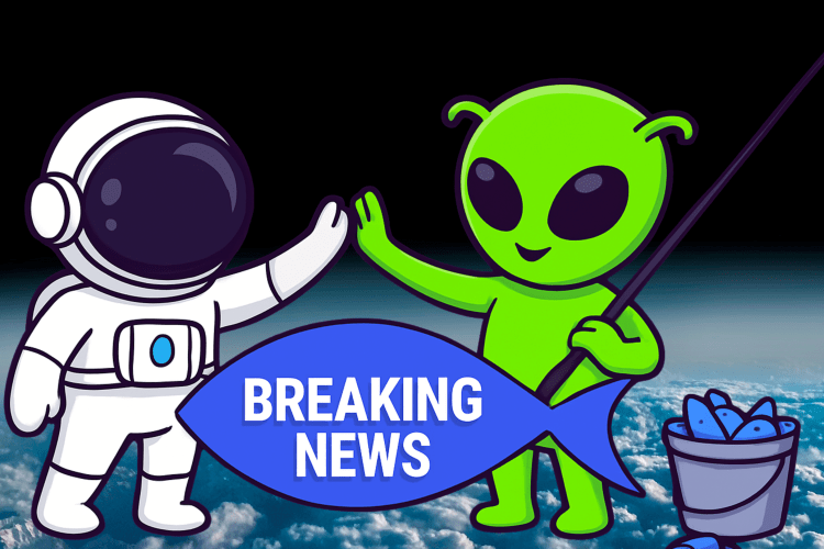 Alien and Astronaut high-fiving in space with a fish that says "Breaking News"