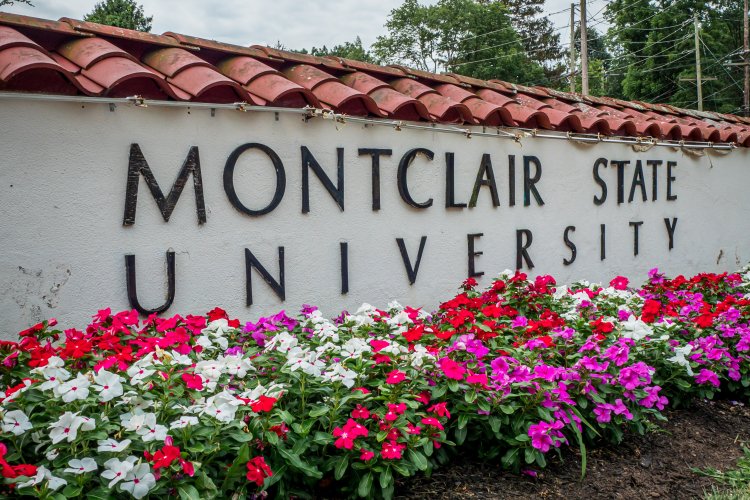 A picture of the sign in front of Montclair's campus with the university's logo and some flowers in the front.