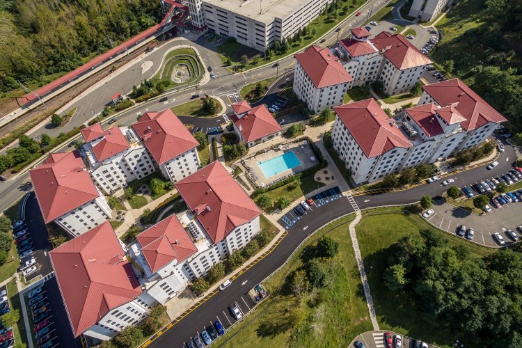 aerial shot of exterior of village apartments