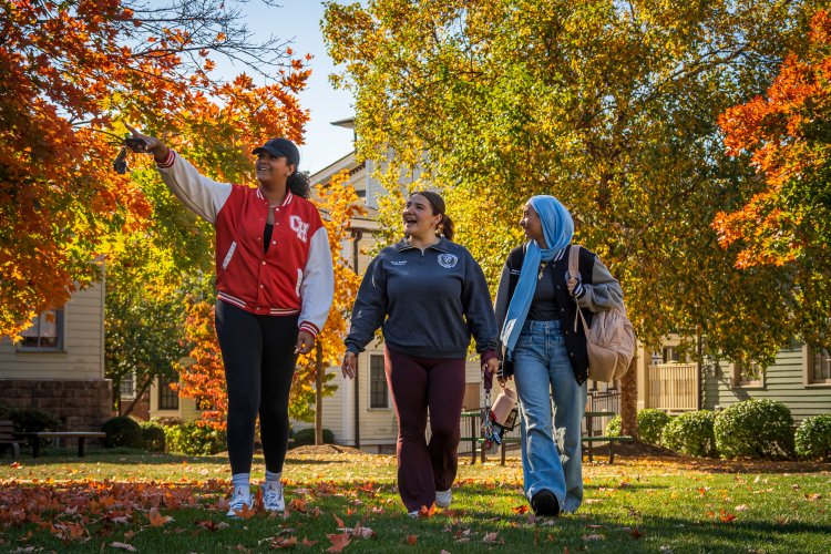 Students walking by trees