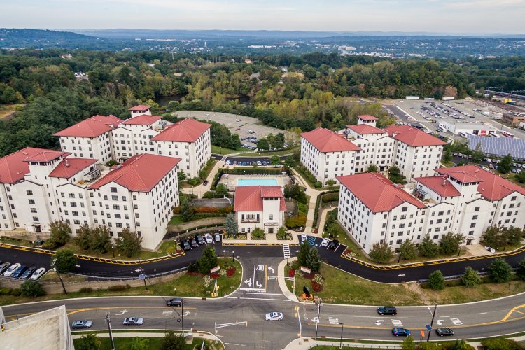 Aerial view of residence halls on Montclair's campus.