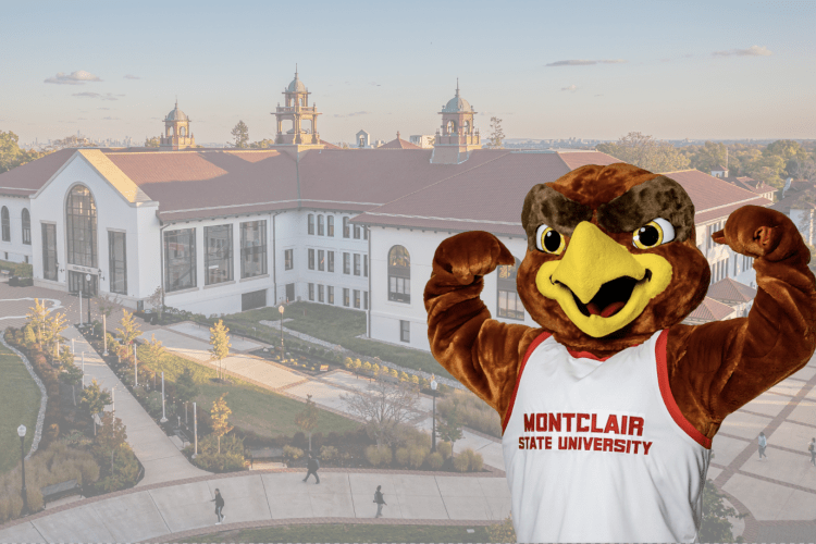Rocky in strong arm pose superimposed on an aerial image of Cole Hall