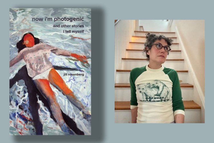 Composite image showing a book cover for “now i’m photogenic and other stories I tell myself” alongside a photo of the author, an English professor wearing a green and white t-shirt and standing in front of a flight of stairs
