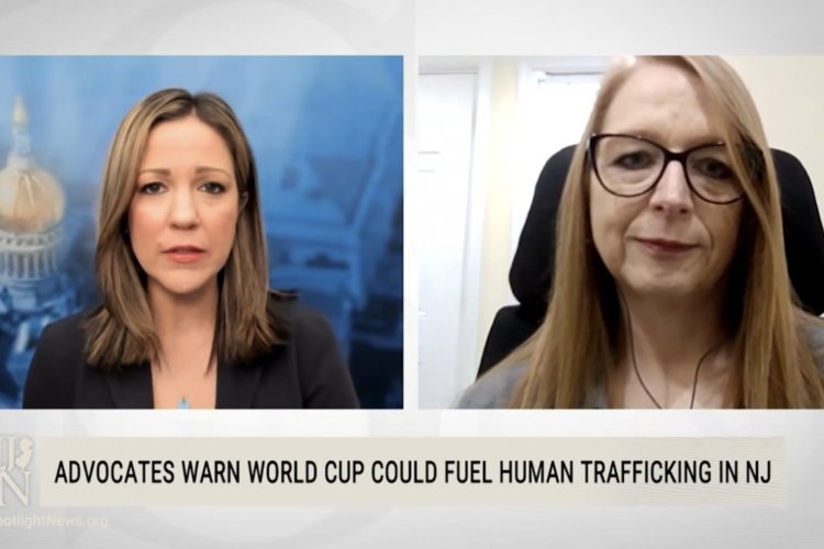 A split screen with a news anchor on the left side and a interviewee, a college professor, on the right