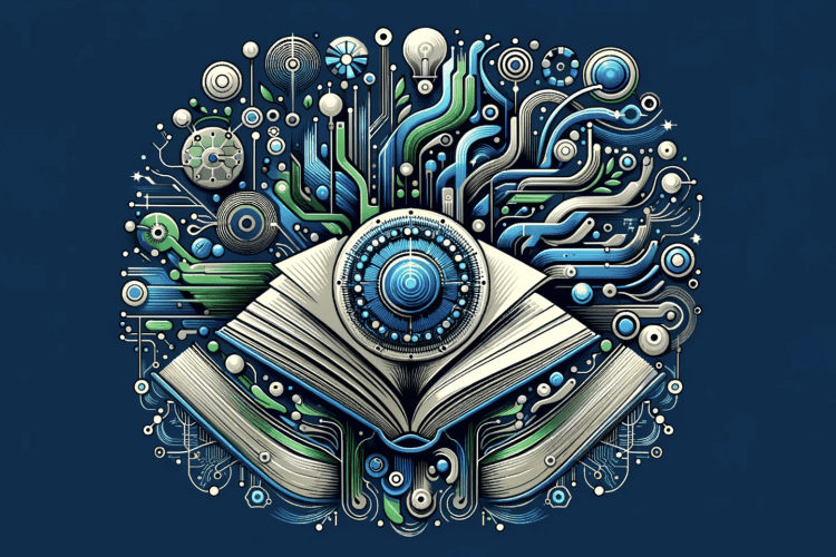 A futuristic book emits vibrant digital circuits and patterns, resembling an eye at its center.