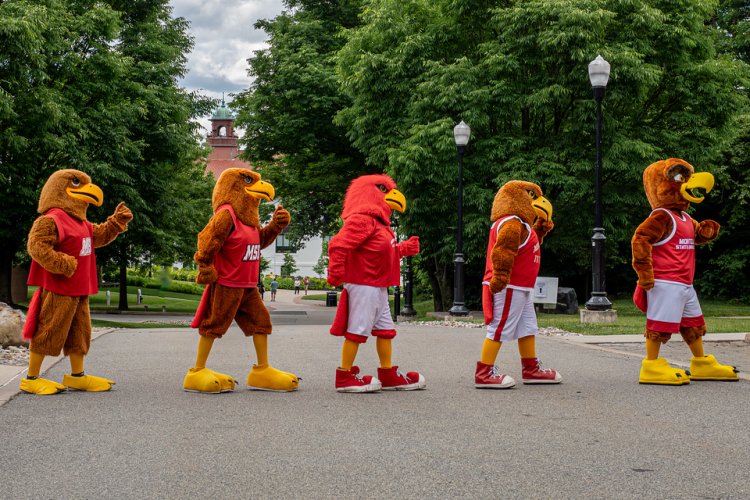Each generation of Rocky the Red Hawk Mascot costume 