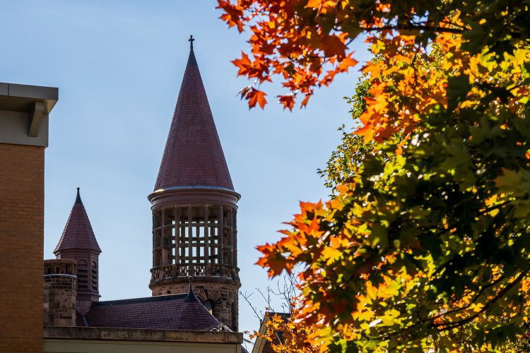 A building tower with fall leaves 