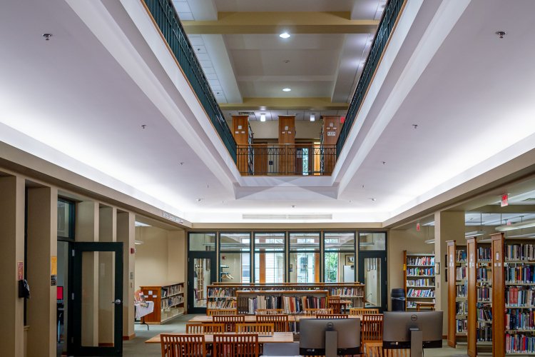 Tables and chairs in library