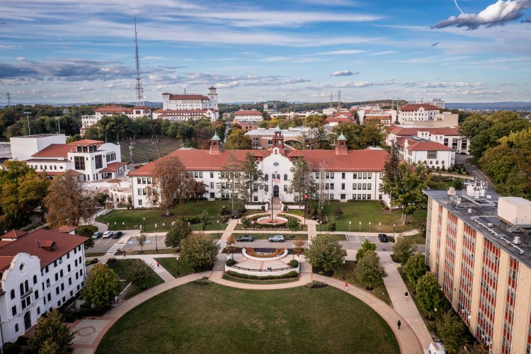 Aerial view of Cole Hall and surrounding buildings.