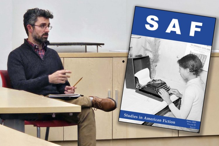 a man sits at a table in an office, a book cover for "Saf" overlays the picture