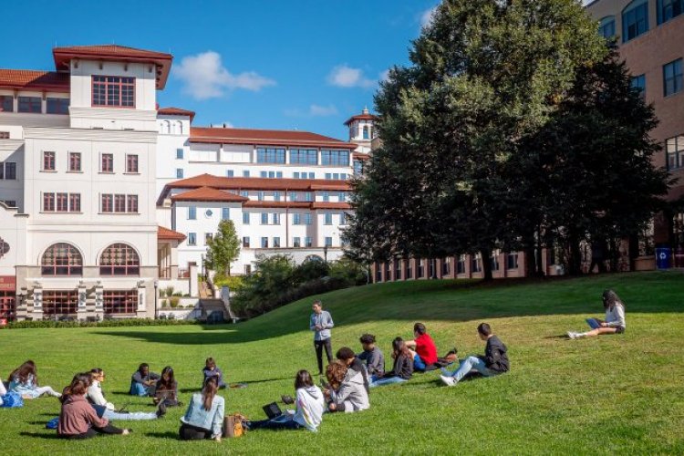 A college class sits on the lawn of a college campus