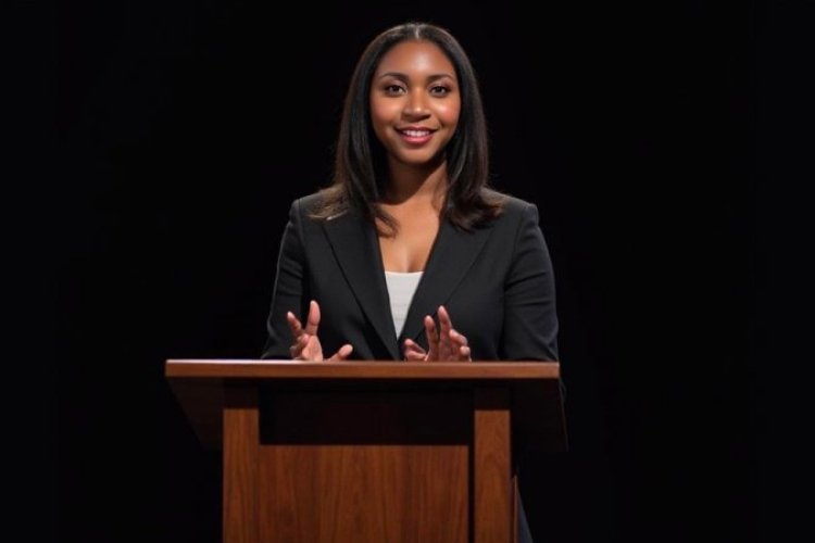A college student, dressed in professional attire, stands at a podium