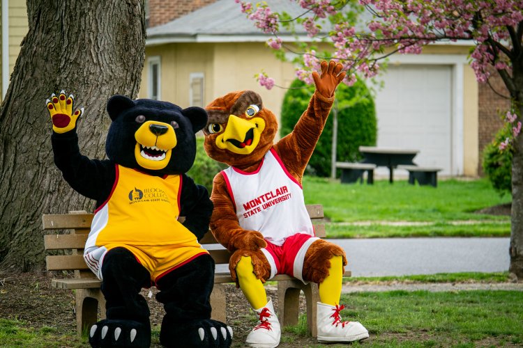 Deacon the Bloomfield Bear and Rocky the Red Hawk Mascots sitting on a bench waving 