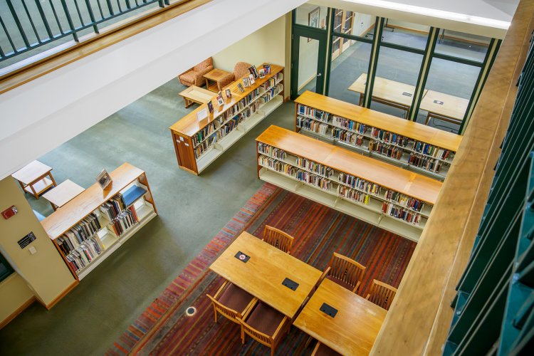 overhead view of book stacks in bloomfield campus library