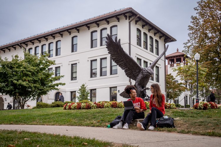 Two people working in front of the Red Hawk Statue. One of them is using their laptop.