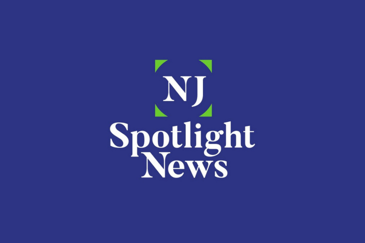 NJ Spotlight News logo sits in the center with a navy blue background.
