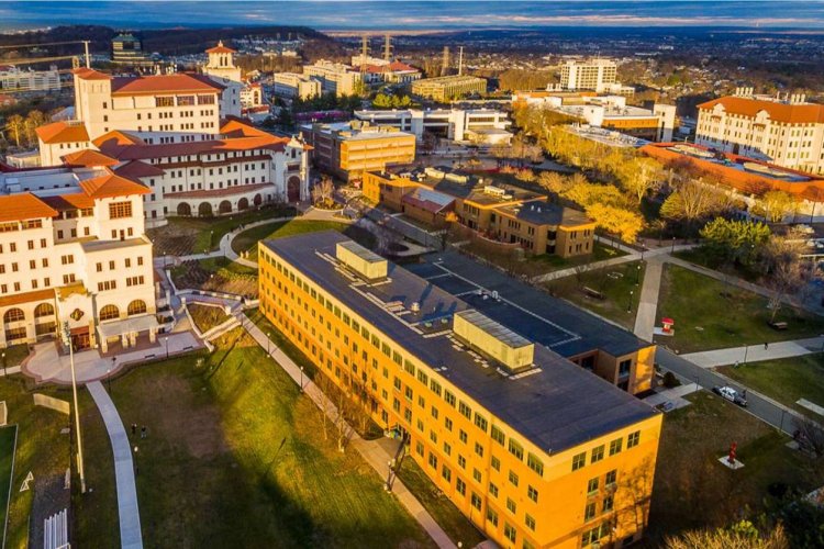 Aerial view of Dickson Hall on the campus of Montclair State University