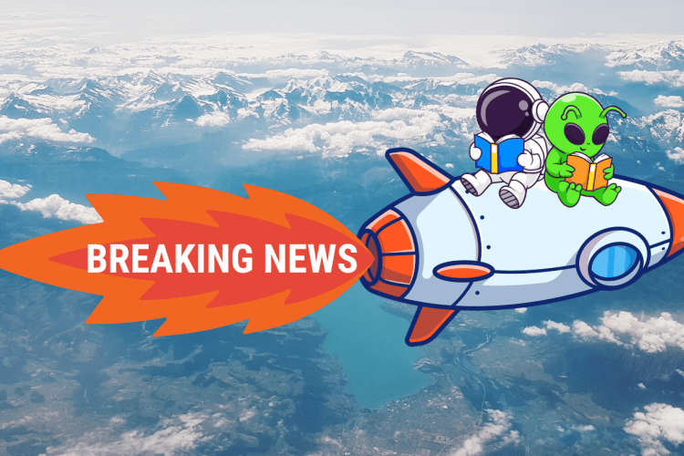 A cartoon alien and astronaut reading a book on a spaceship that says Breaking News.