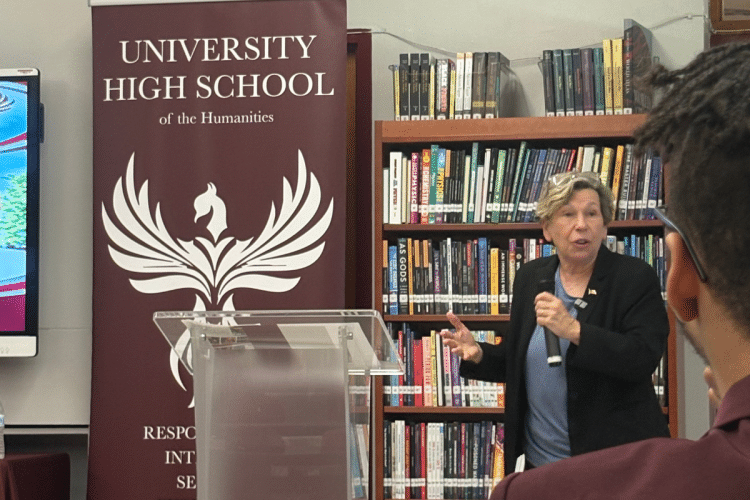 AFT President Randi Weingarten speaks to the Red Hawks Rising program