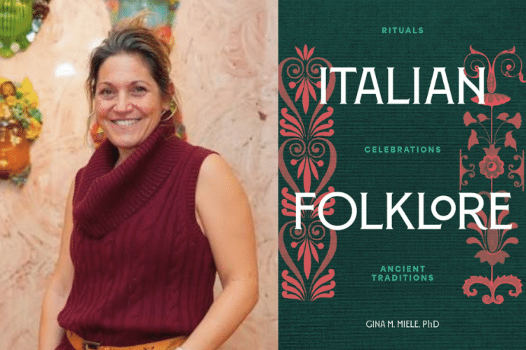 photo of Gina Meile, graphic element with cover of book Italian Folklore shown on right