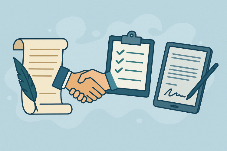 clipart showing handshake in front of legal documents