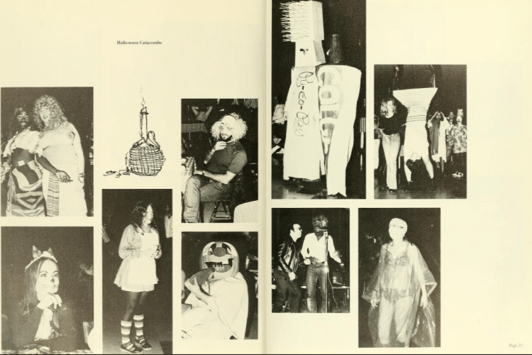 student in costume in grayscale