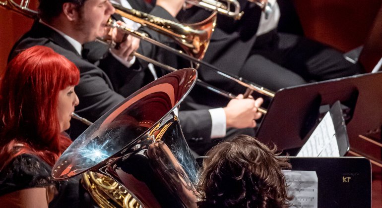 Brass performers on stage at Kasser Theater for Kaleidoscope