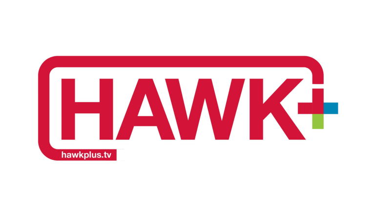Logo of University's streaming platform, Hawk+. Hawk is in all caps in red font and next to it is a colorful plus sign with a line that extends from the top and circles around to the bottom of the h.