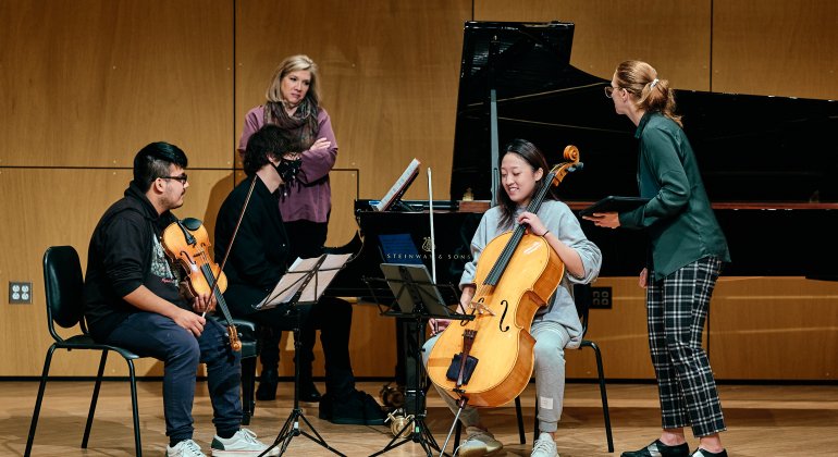 Quartet on stage with the Cavani Quartet Residency Guests