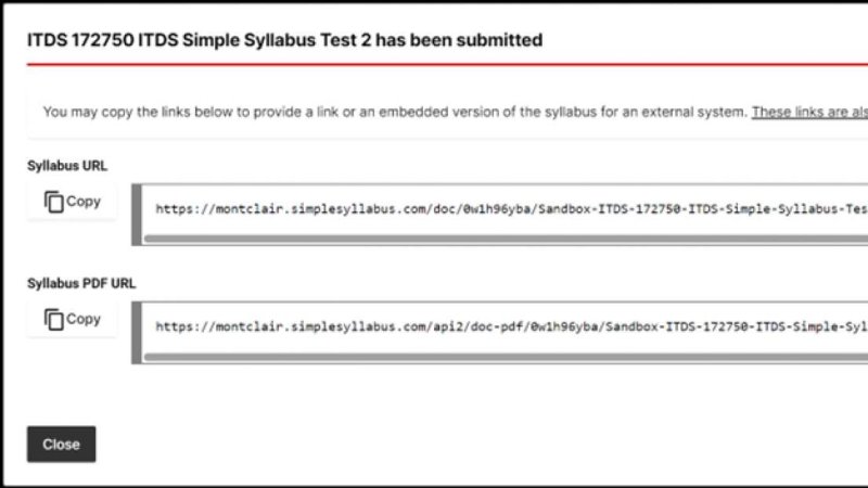 Simple Syllabus Submission confirmation window with URLs for copying