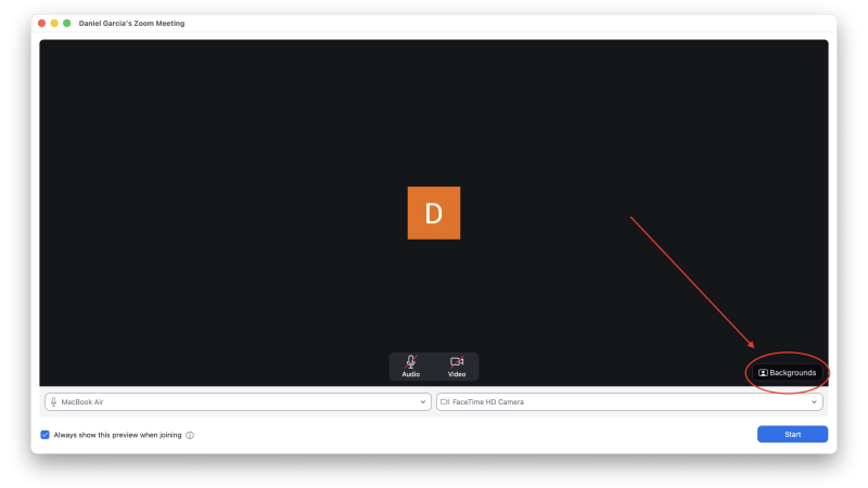 Choosing Zoom background screenshot on Mac.